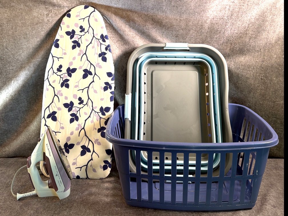 Steam Iron, Tabletop Ironing Board, and Laundry Baskets (LPO)