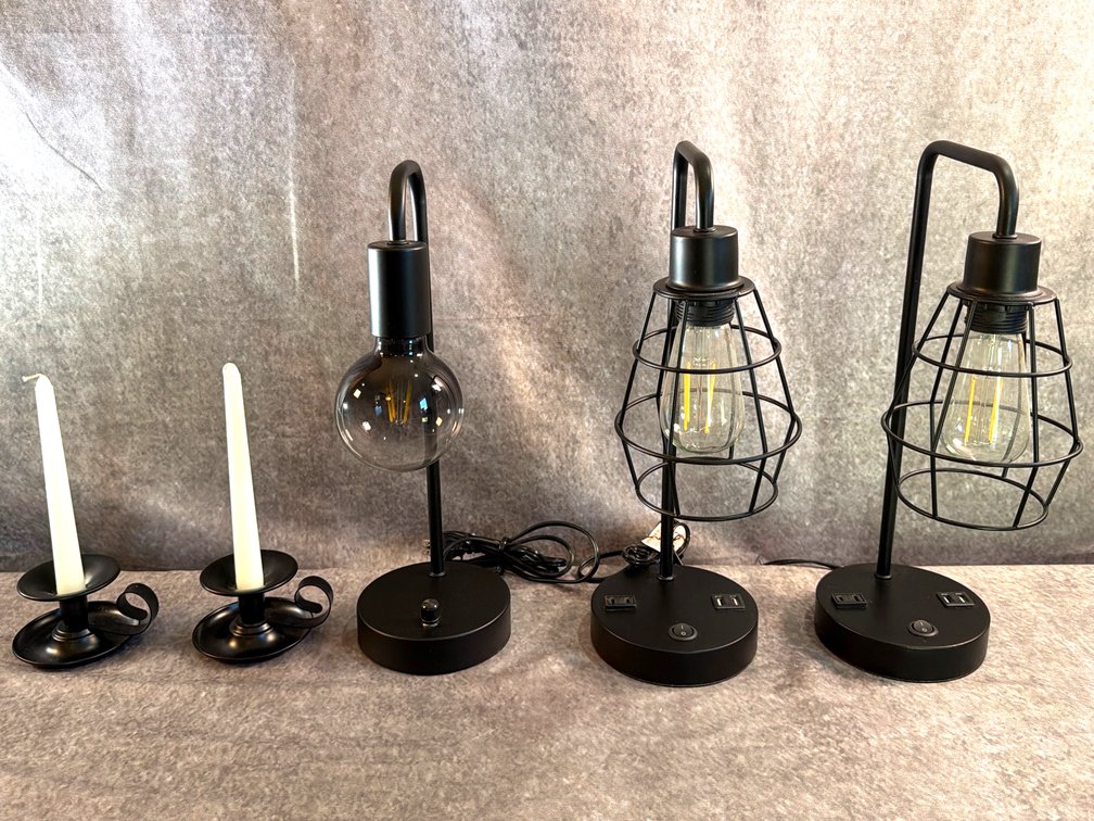 (3) Black Metal Desk Lamps & (2) Candle Holders (LPO)