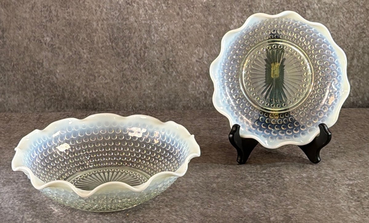 (2) Opalescent Hobnail Ruffled Glass Bowls