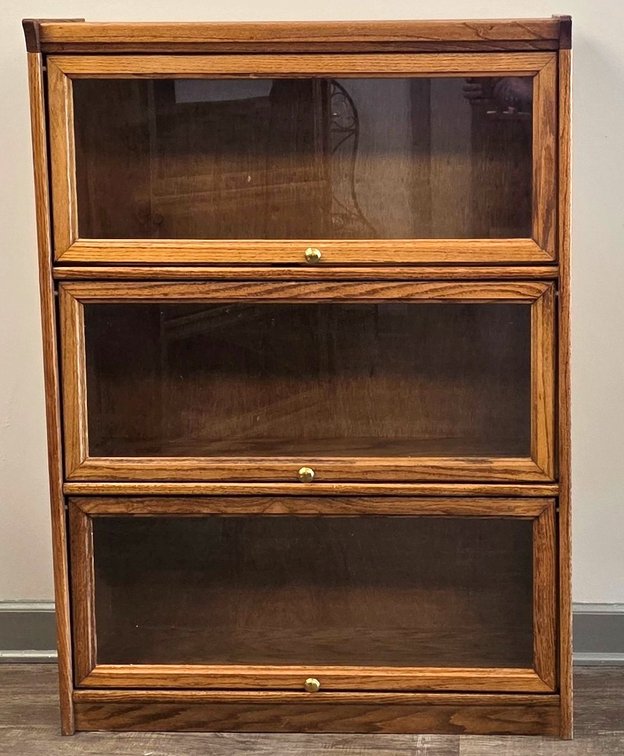Three-Tier Oak Barrister Bookcase with Glass Doors