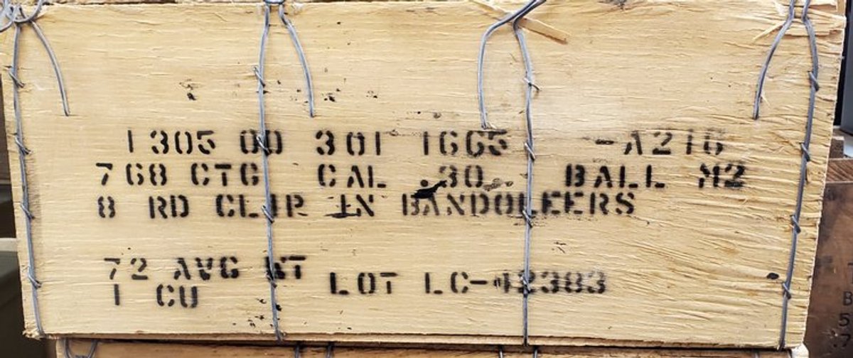 (768) Rds. .30 Cal in (4) Ammo Cans in 8 Rd. Clips, Bandoleers w/Wooden Crate (LPO)