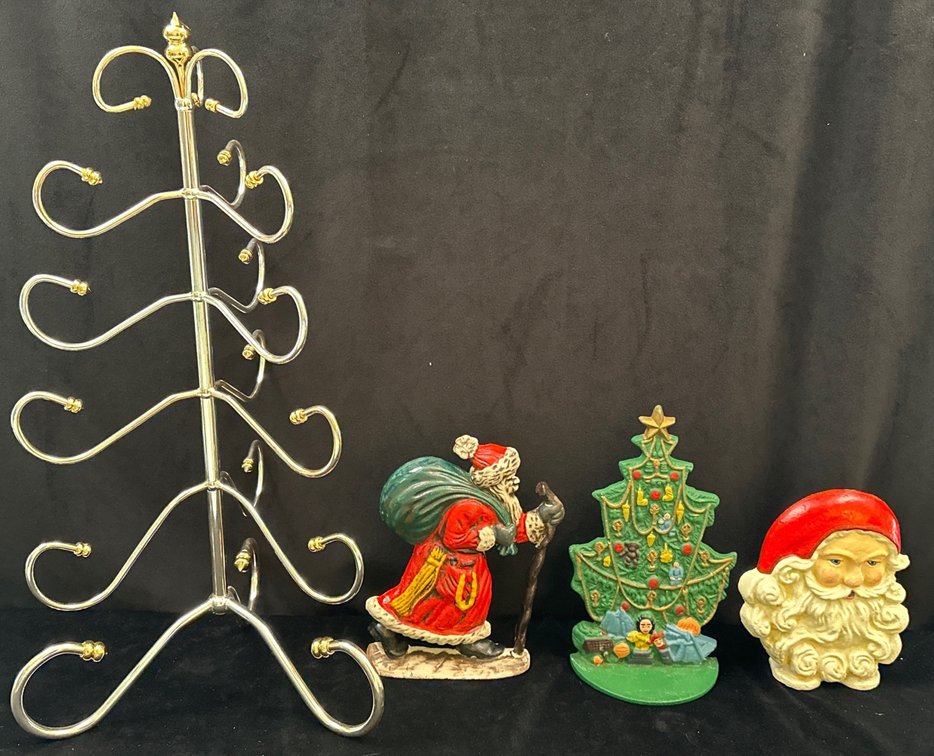 Polished Brass Ornament Tree & (3) Christmas Door Stops (LPO)