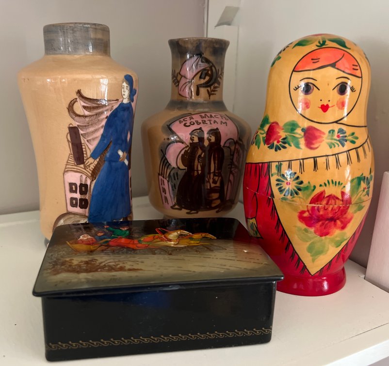 Russian Nesting Doll w/Enamel Trinket Box and (2) Vases