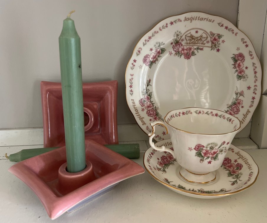 Royal Albert Sagitarius Teacup & Plate Set and (2) Candle Holders