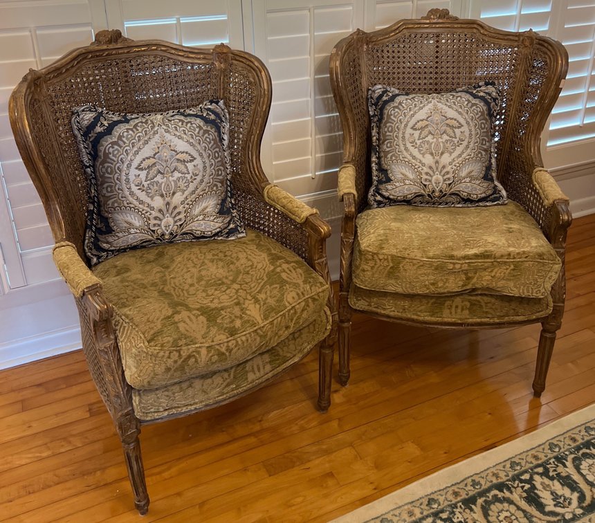 Pair of Vintage Wood & Rattan Wingback Chairs (LPO)