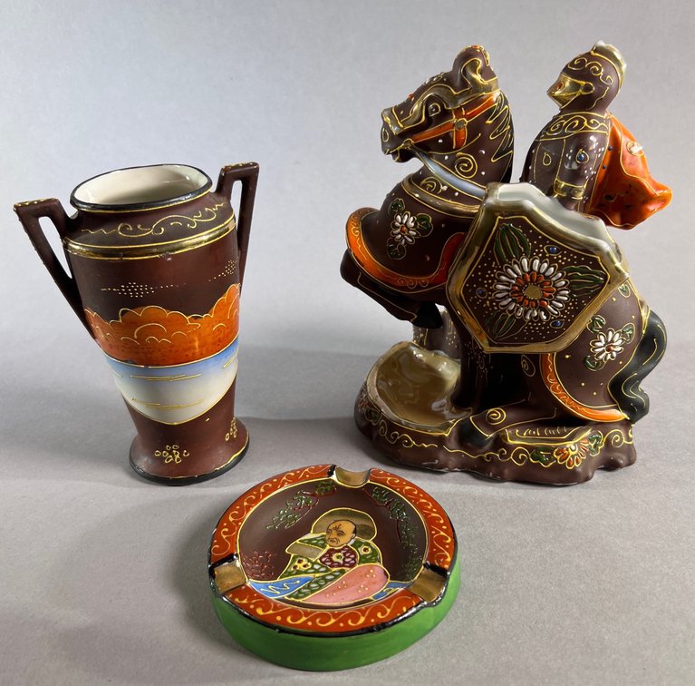 Hand-painted Japanese Pottery: Cigarette Holder, Ashtray & Vase