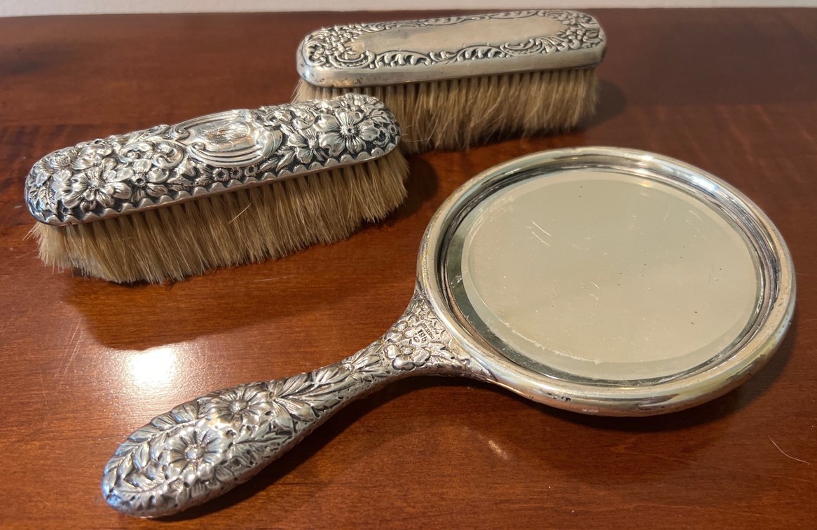 (2) Sterling Silver Handled Brushes and Sterling Silver Hand Mirror