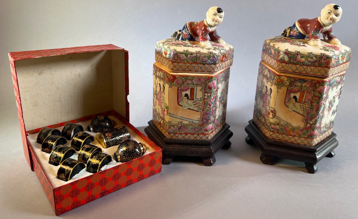 Pair of Decorative Tea Canisters & Cloisonne Napkin Ring Set