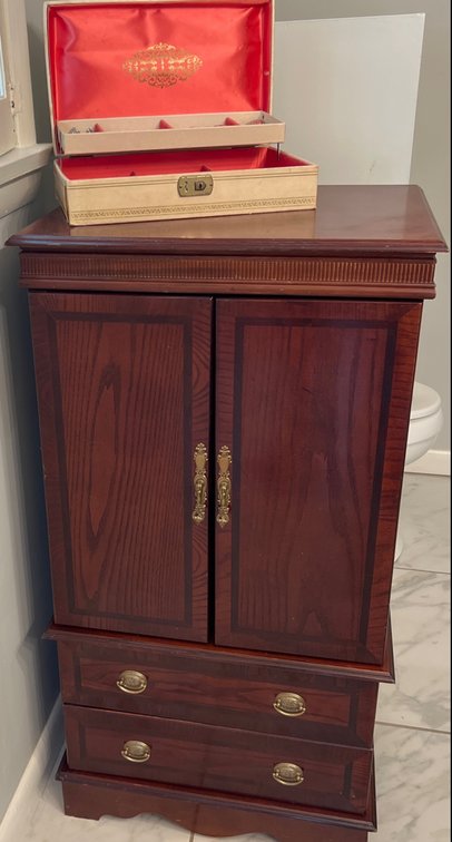 Wood Jewelry Cabinet w/Vintage Jewelry Box and Assort Jewelry (LPO)
