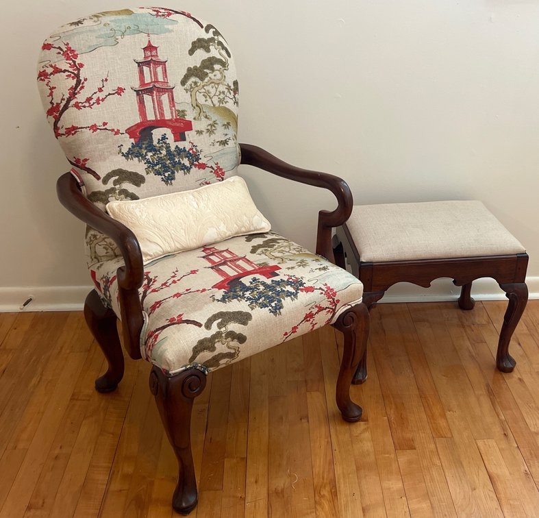 Queen Anne Style Upholstered Chair and Stool (LPO)