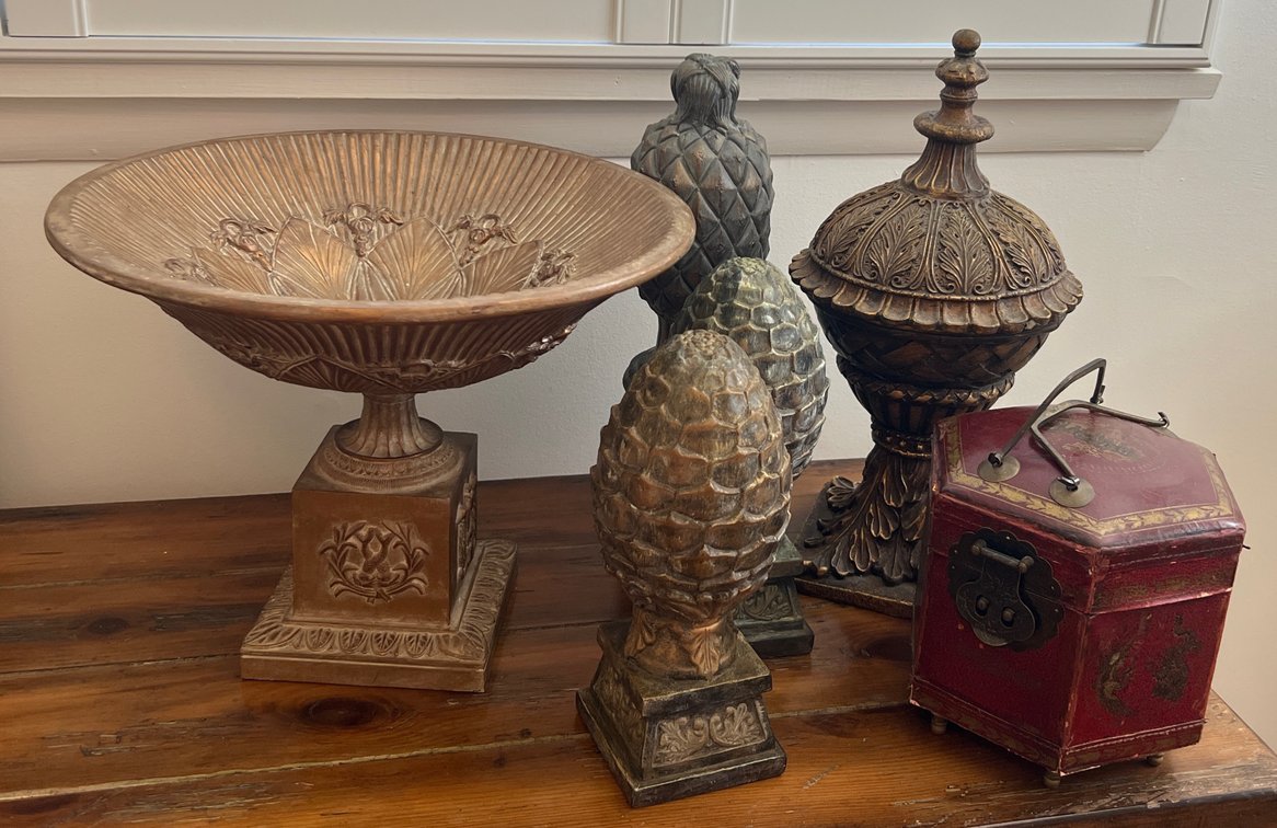Assorted Decorative Items:  Pedestal Bowl, Pineapple, Tea Box & More (LPO)