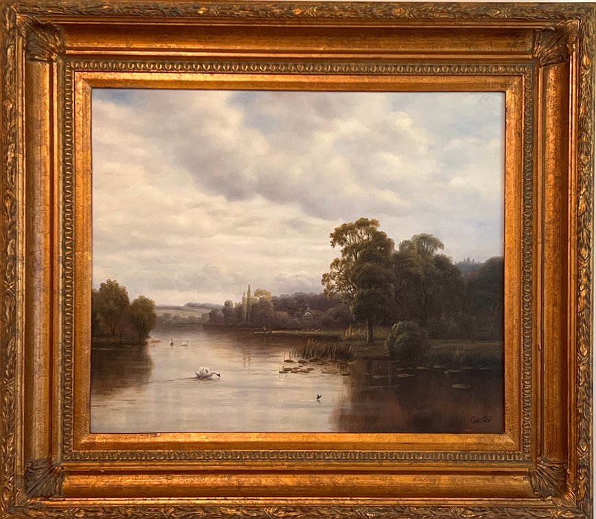 Landscape Painting:  Swan on Pond in Ornate Frame signed "Gester" (LPO)