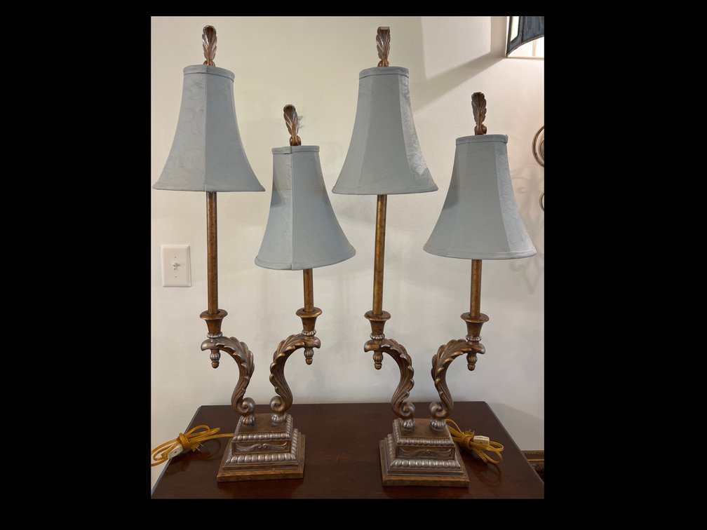 Pair of Large Ornate Lamps with Light Blue Shades (LPO)