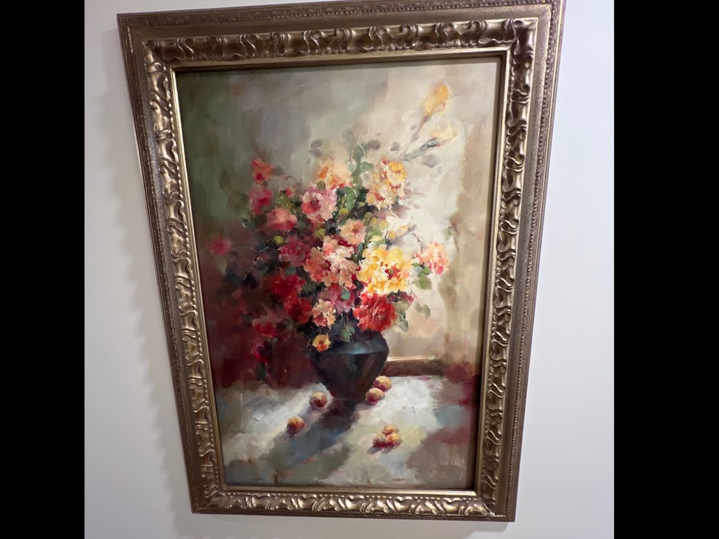 Large Floral Painting with Blue Vase in Ornate Frame (unsigned) (LPO)