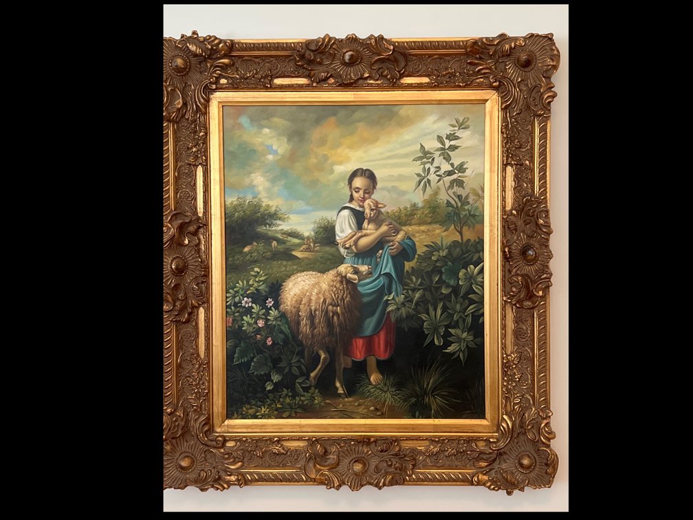 Ornate Framed Painting of Peasant Girl with Lamb and Sheep (unsigned) (LPO)