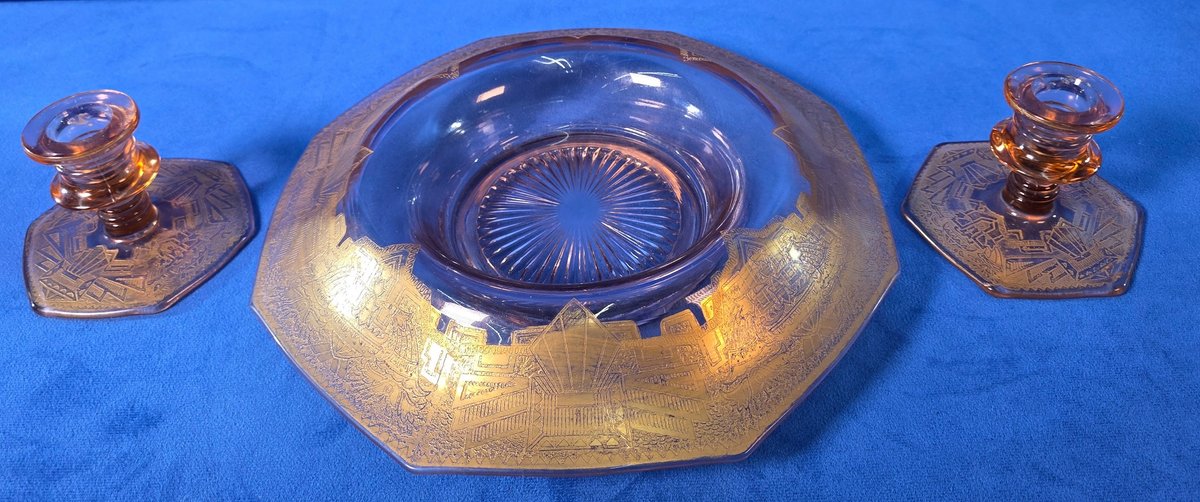 Vintage Amber Glass Rolled Edge Console Bowl & Pair of Candle Holders
