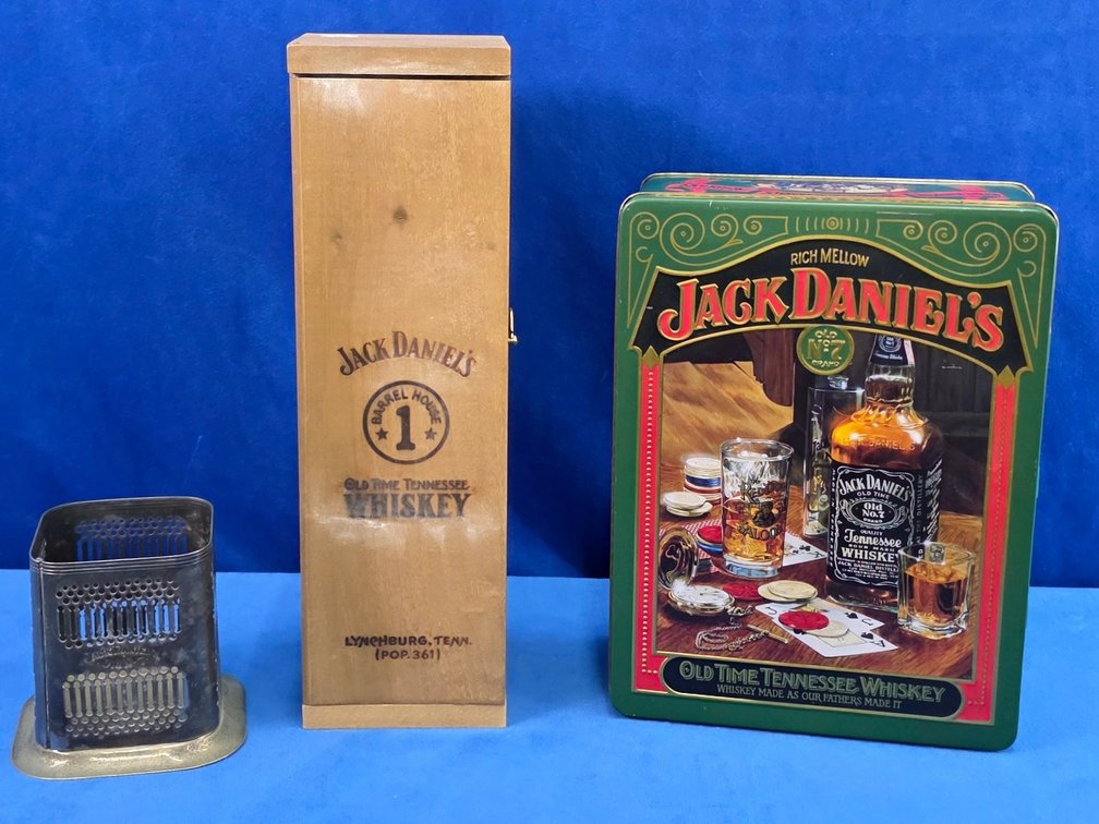 Jack Daniel's Silver Plate Bottle Holder, Collectors Tin & Bottle Box.