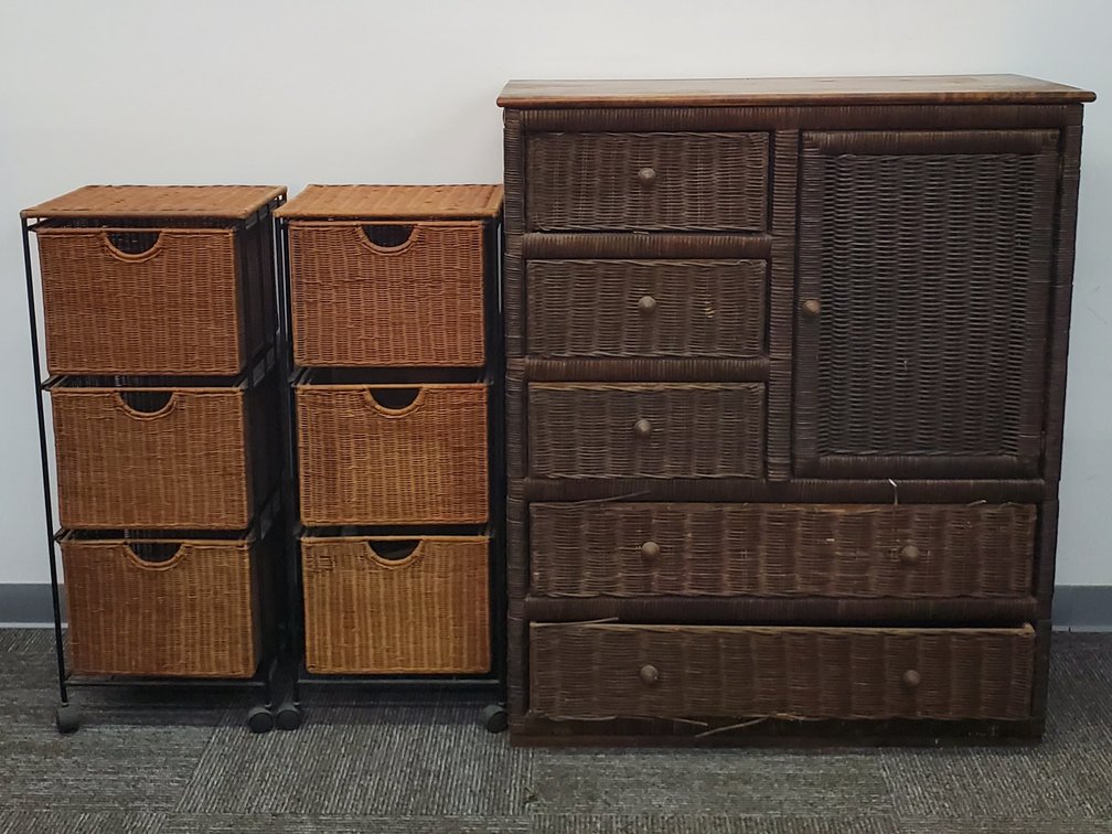 5-Drawer Rattan Armoire & (2) 3-Drawer Wicker Rolling Storage Units (LPO)