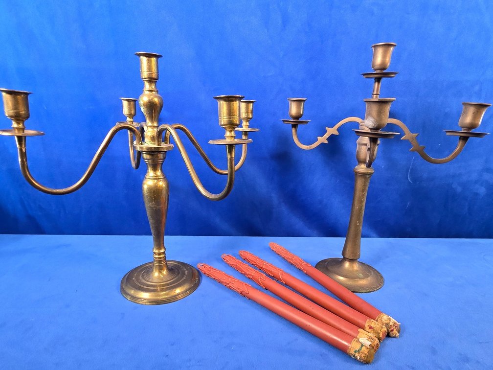 (2) Brass Candelabras & (5) Candles 