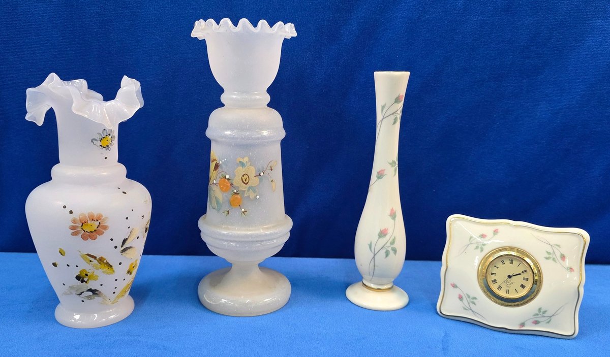 (2) Antique Hand Blown, Hand Painted Vases & Lenox Bud Vase and Clock (LPO)