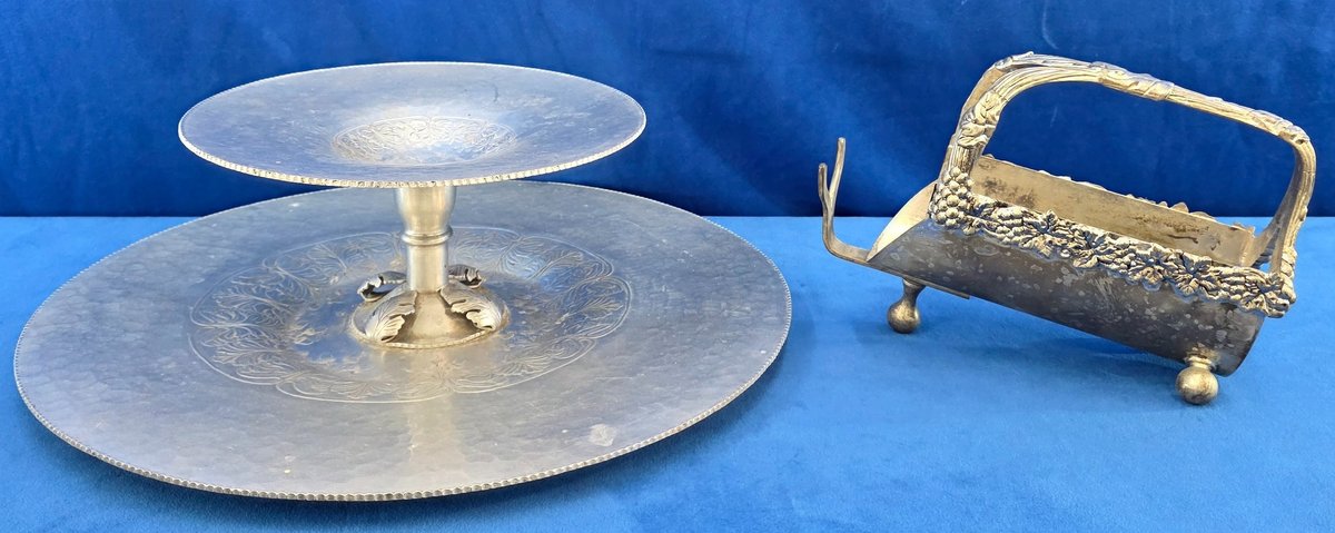 Vintage Hand Wrought Silverlook Tiered Fruit Tray & Grape Design Bottle Holder