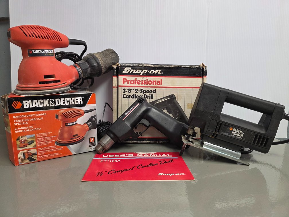 Snap On 3/8 2-Speed Cordless Drill,  Black & Decker Jig Saw & Orbit Sander
