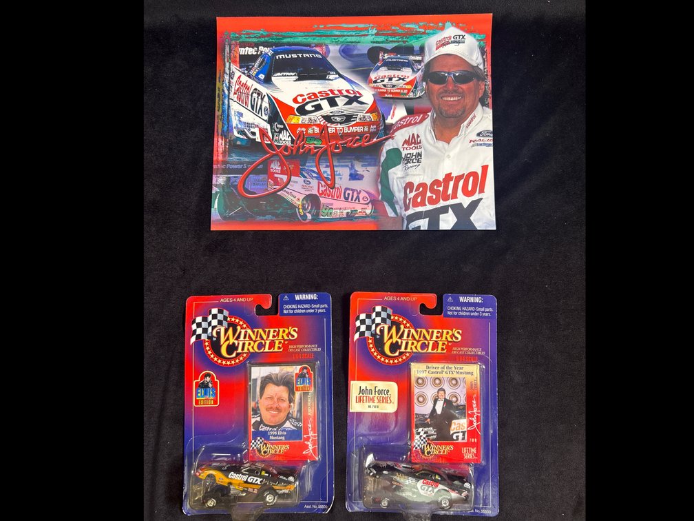 John Force Drag Racing Memorabilia Including (2) 1/64 Scale Die Cast Cars And More. 