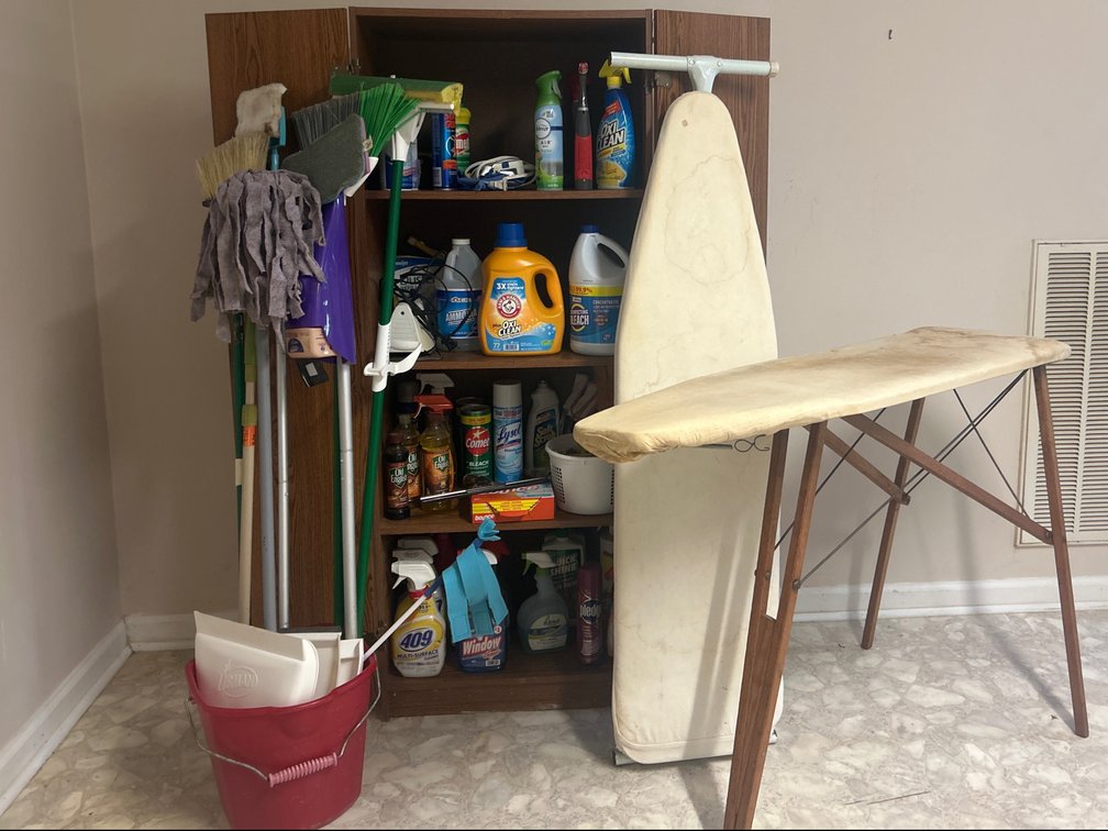 Laundry Room Cleanout Including Ironing Board, Iron, Household Supplies & More (LPO)