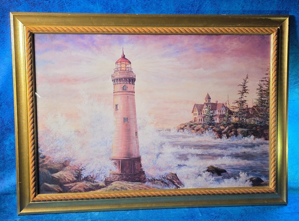  Framed Print  "Lighthouse and Victorian House on Ocean Wall," by Artist Marilyn Rea. 