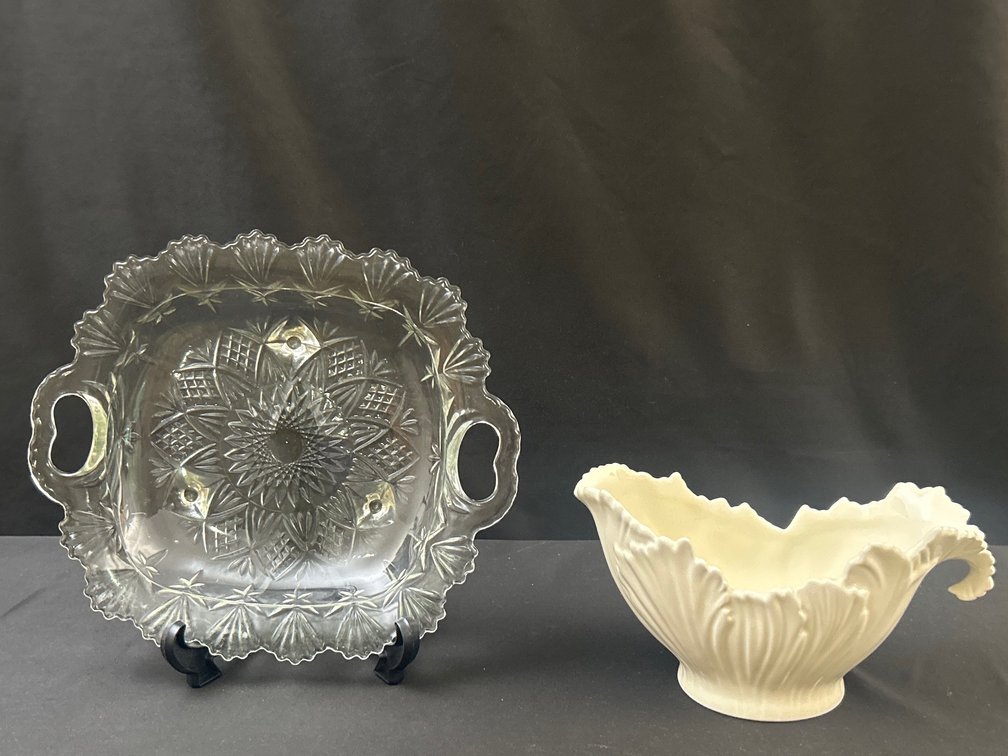 Milk Glass Gravy Boat & Glass Serving Bowl (LPO)