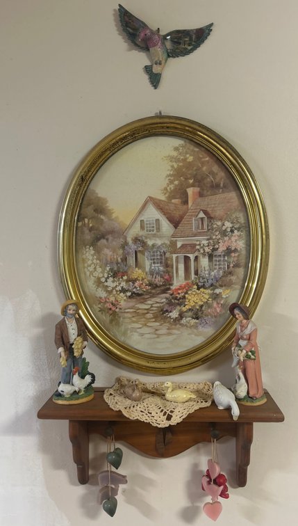 Home Interior Cottage Picture w/Porcelain Figurines & More 