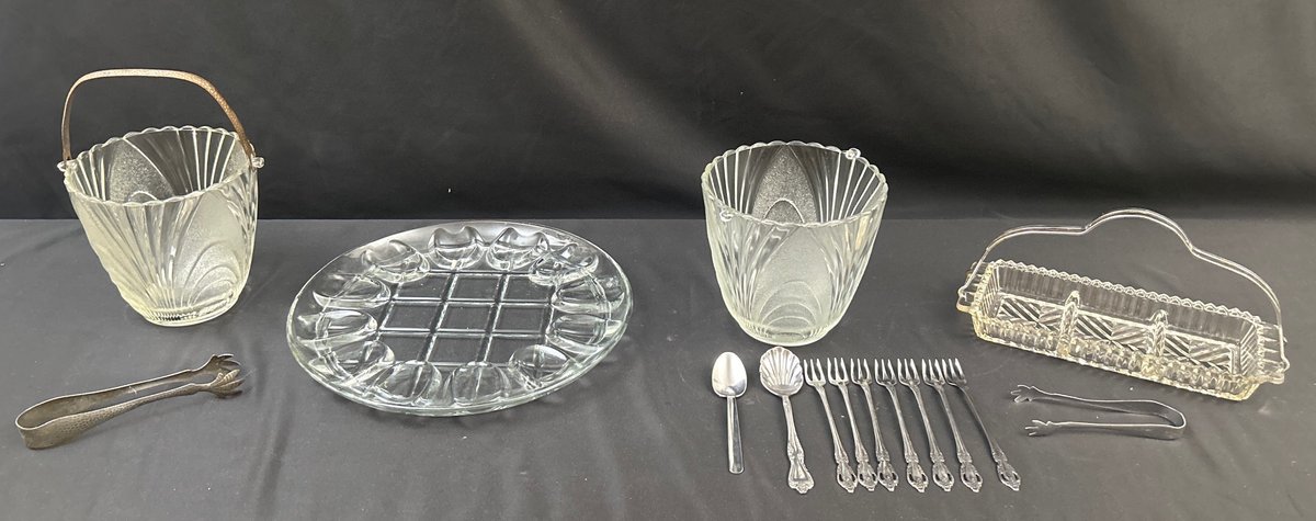 (2) Vintage Ice Buckets, Relish Dish, Egg Plate & More