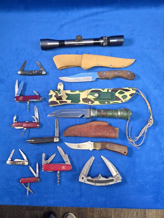 (12) Assorted Knives & Bushnell Rifle Scope 