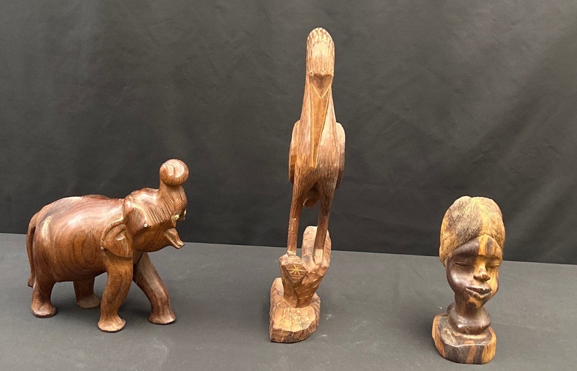 Vintage Hand Carved Wood African Head, Elephant & Balsa Wood Crane 