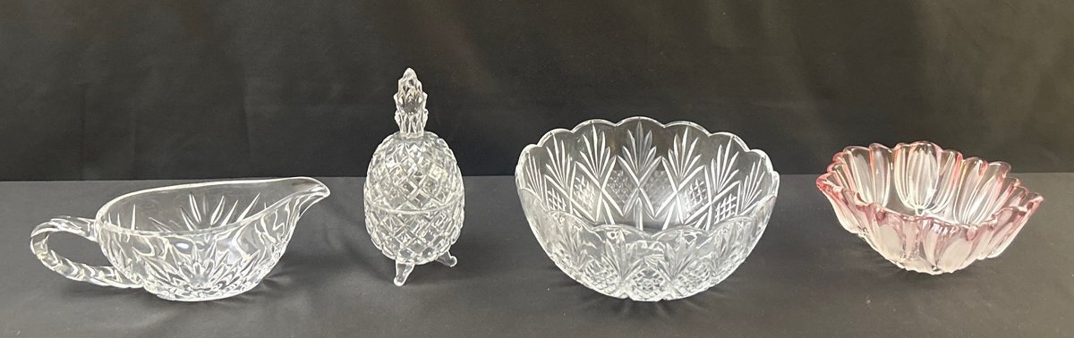 (2) Glass Serving Bowls, Gravy Boat & Pineapple Candy Dish (LPO)