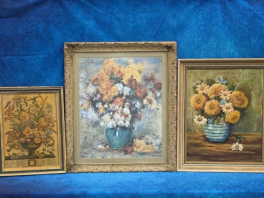 Floral Oil Painting on Canvas & (3) Floral Pictures