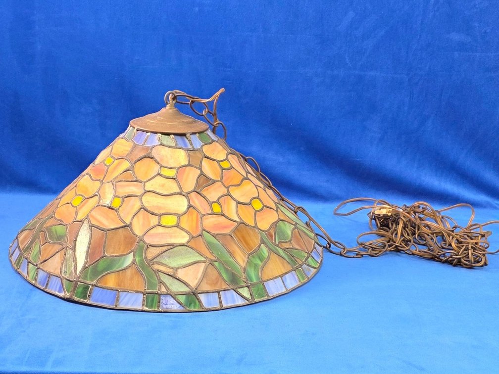 Vintage Tiffany Style Stained Glass Hanging Swag Light by Church's Stained Glass (LPO)