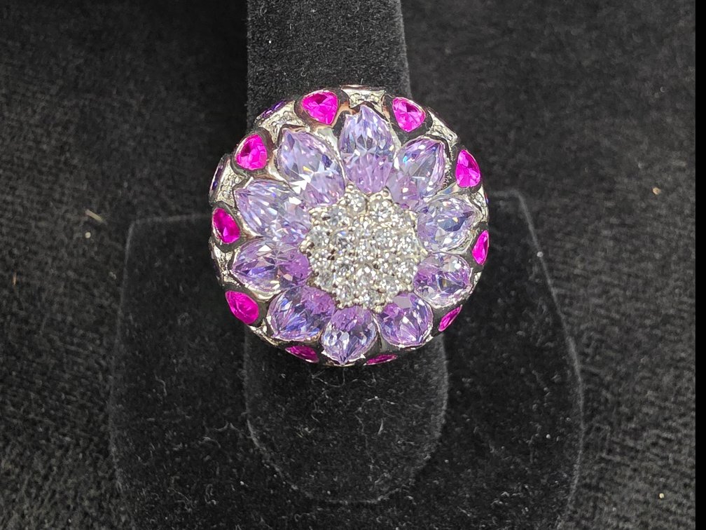 Pink & Purple Crystal Flower Ring (Marked Sterling Silver)