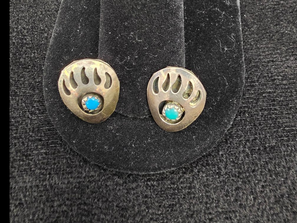 (1) Pair Turquoise Bear Claw Earrings (Marked Sterling Silver)