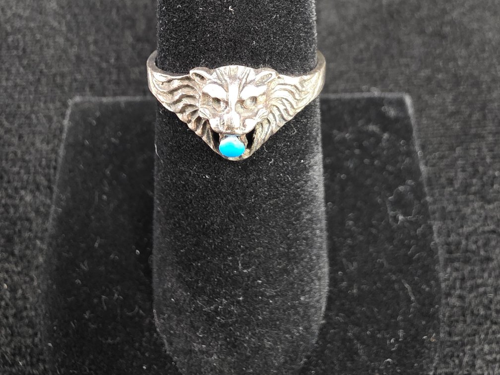 Lions Head Ring w/Turquoise Stone (Marked Sterling Silver)