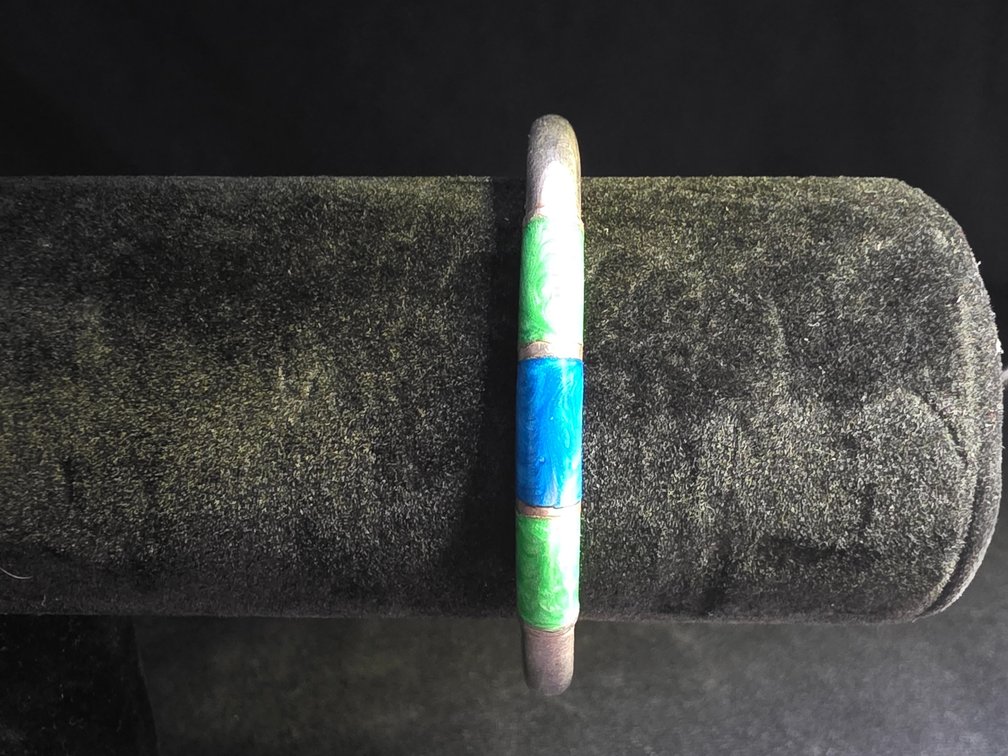 Blue & Green Enamel Bracelet (Marked Sterling Silver) 