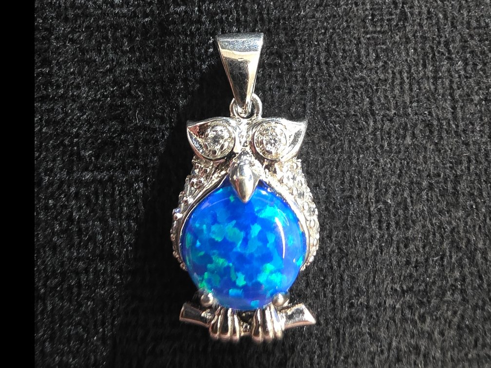 Blue Opal Owl Pendant (Marked Sterling Silver)