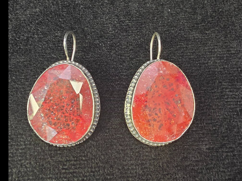 Cherry Quartz Dangle Earrings (Marked Sterling Silver)