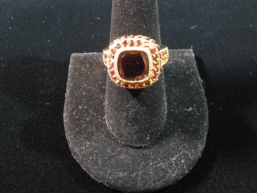 Gold Plated Vermeil Garnet & Cubic Zirconia Ring (Marked Sterling Silver)