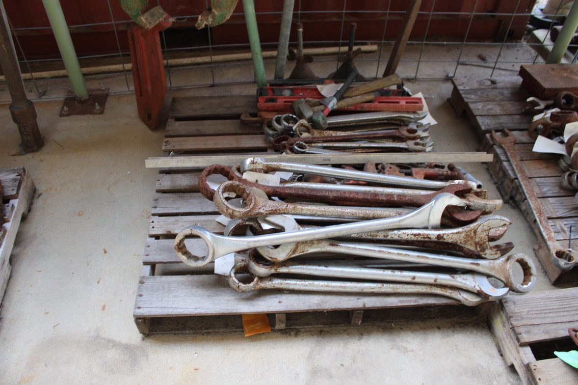 Pallet of  Box End Wrenches, Pipe Wrenches, Pipe Cutters, Levels, and Mallets