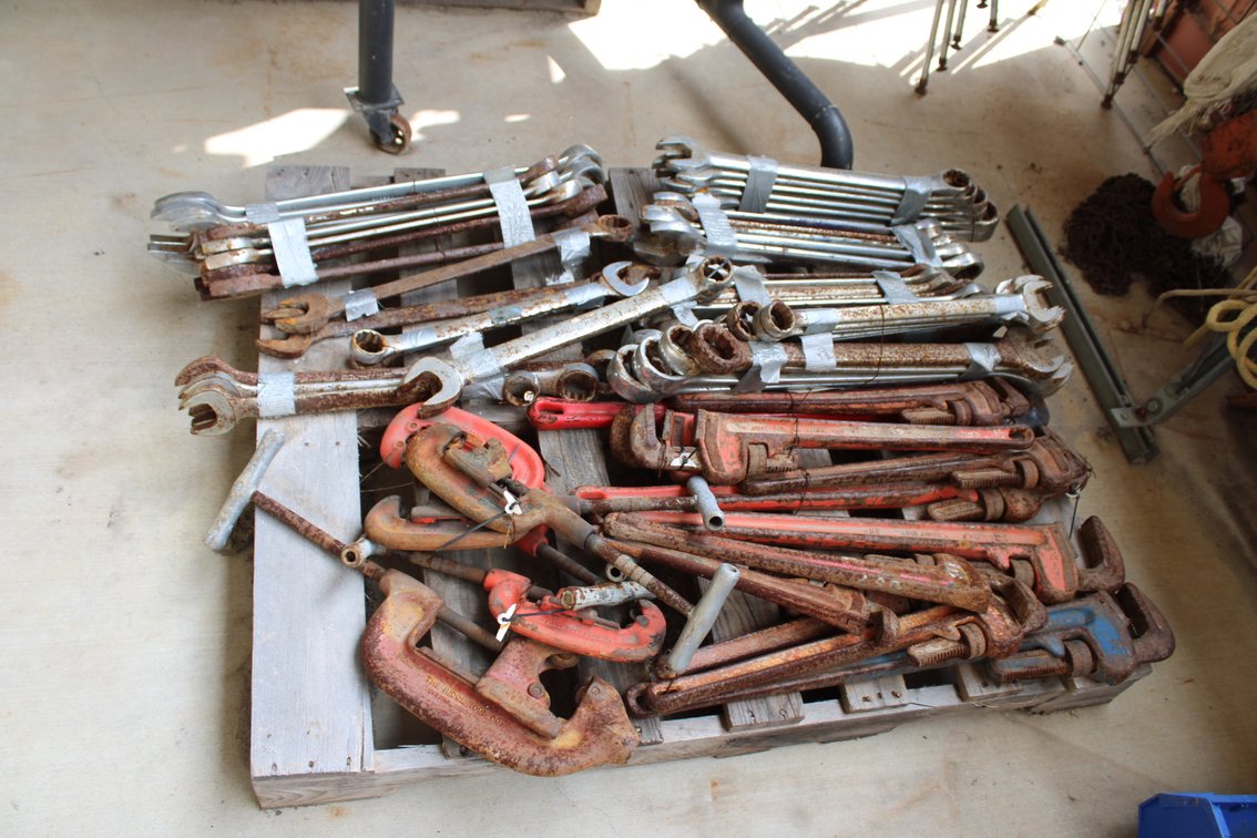 Pallet of  Box End Wrenches, Pipe Wrenches, and Pipe Cutters