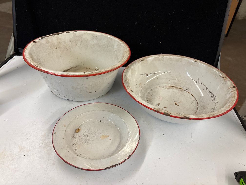 (4) White Enamel Red Trim Bowls