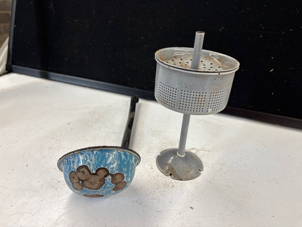 Gray Enamel Percolator; Blue Ladle