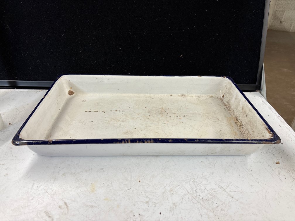 Large White Enamel Blue Trim Pan