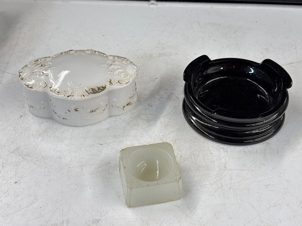 Milk Glass Dresser Dish; Black Glass Ashtray
